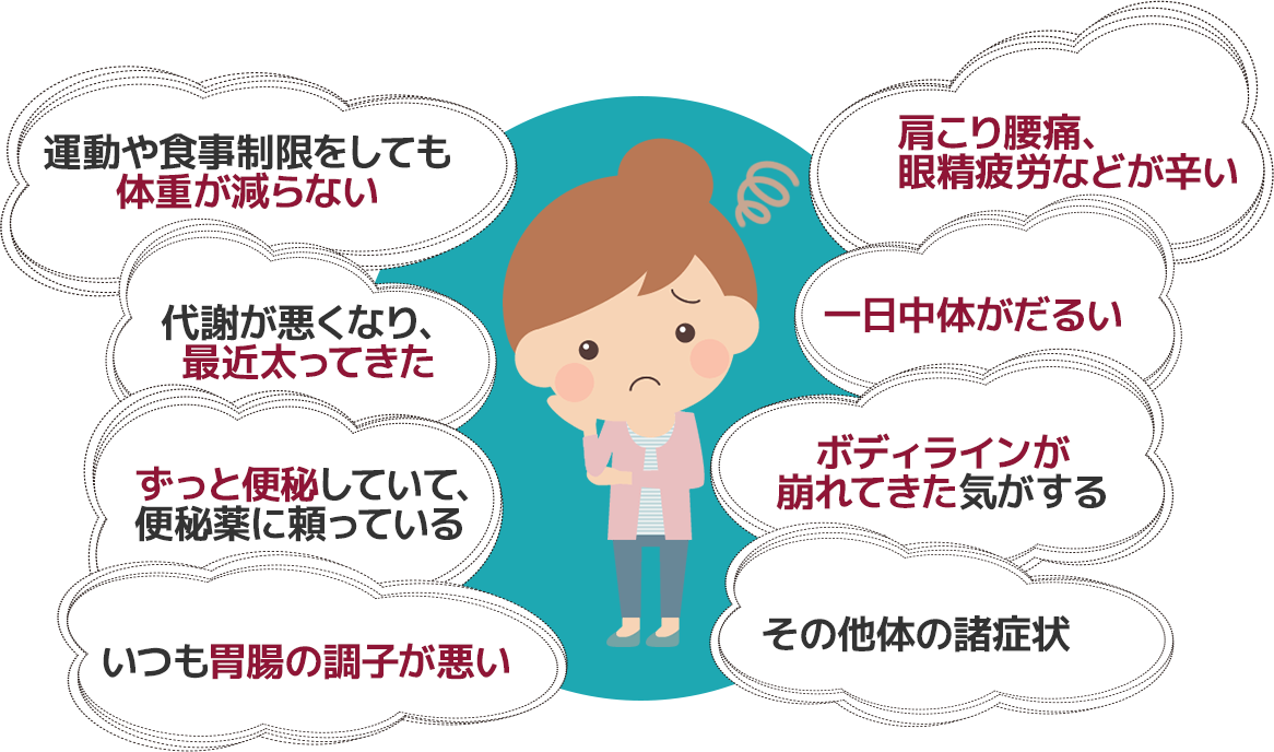 体重が減らない・太ってきた・ずっと便秘・肩こり腰痛、眼精疲労が辛い、1日中体がだるい・ボディラインが崩れてきた・胃腸の調子が悪い・その他体の諸症状